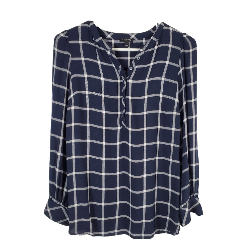 Talbots Women Plaid Pullover Blue Long Sleeves Collarless Top Small Petite